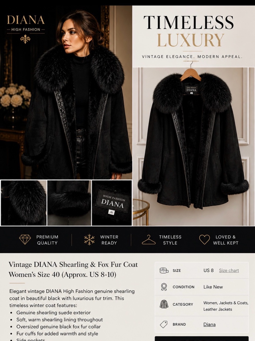 Vintage DIANA Shearling & Fox Fur Coat Size 8